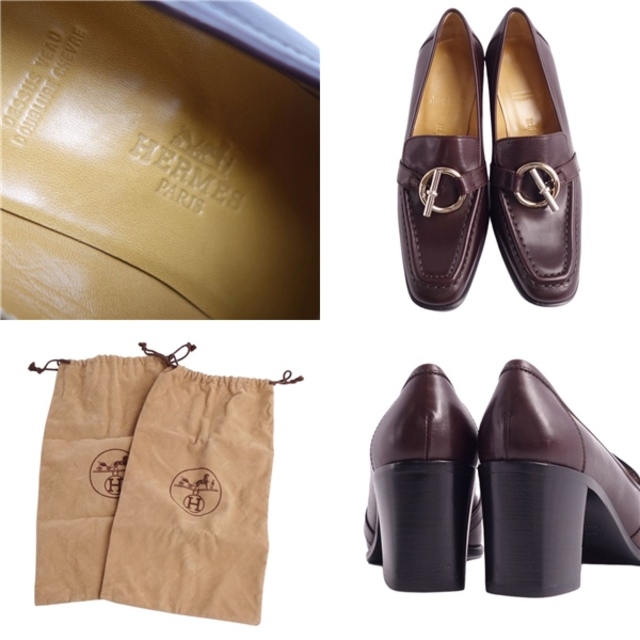 未使用 エルメス HERMES ローファー パンプス グレナン金具 カーフレザー ヒール シューズ 靴 レディース 36(23cm相当) ブラウン