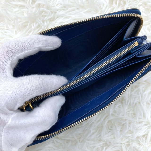 美品✨PRADA　プラダ　折り財布　ジップ　レザー　青　ゴールド　サフィアーノ