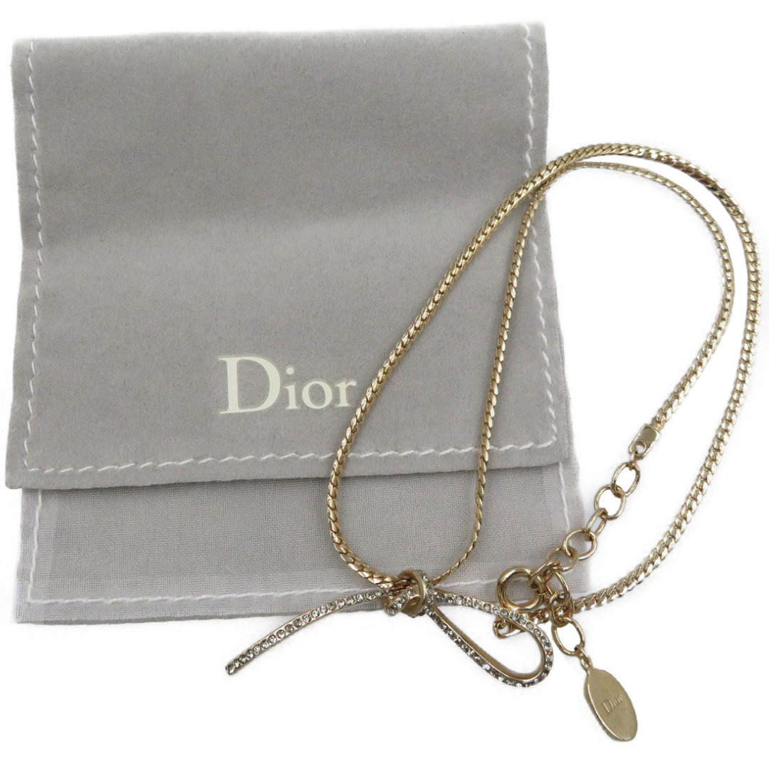 美品 クリスチャンディオール リボン メタル ラインストーン ゴールド ネックレス 0079Christian Dior
