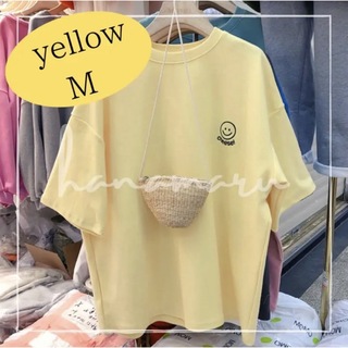 レディース 半袖 Tシャツ 黄色 イエロー スマイル ペア おそろい 刺繍 韓国(Tシャツ(半袖/袖なし))