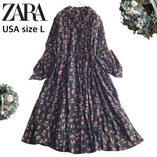 ザラ(ZARA)の❤️専用@【USAサイズL】ZARA ザラ 花柄 キーネック長袖 ロング ワンピ(ロングワンピース/マキシワンピース)