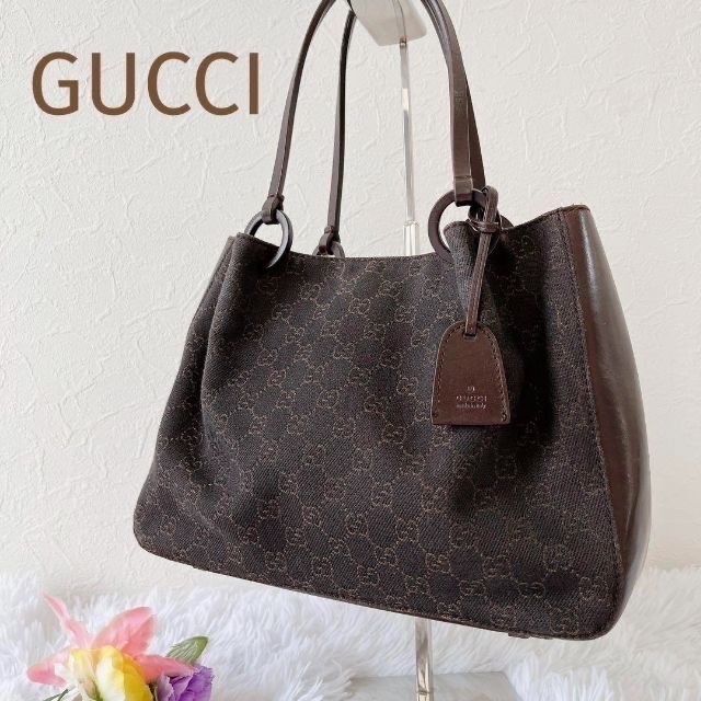 Gucci(グッチ)の☆GUCCI キャンバス×レザー☆GG柄 トートバッグ ブラウン￼ ポーチ付き レディースのバッグ(トートバッグ)の商品写真