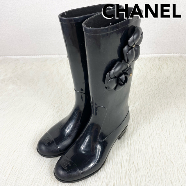 CHANEL シャネル カメリア ブラック レインブーツ