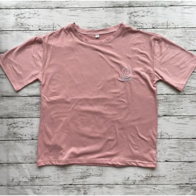 レディース 半袖 Tシャツ ピンク 韓国 スマイル ペア おそろい 刺繍 M レディースのトップス(Tシャツ(半袖/袖なし))の商品写真