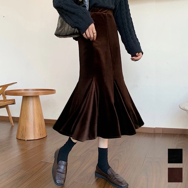 ♓セクシーマーメイドスカート　ダークブラウン■ベルベット 韓国ファッション