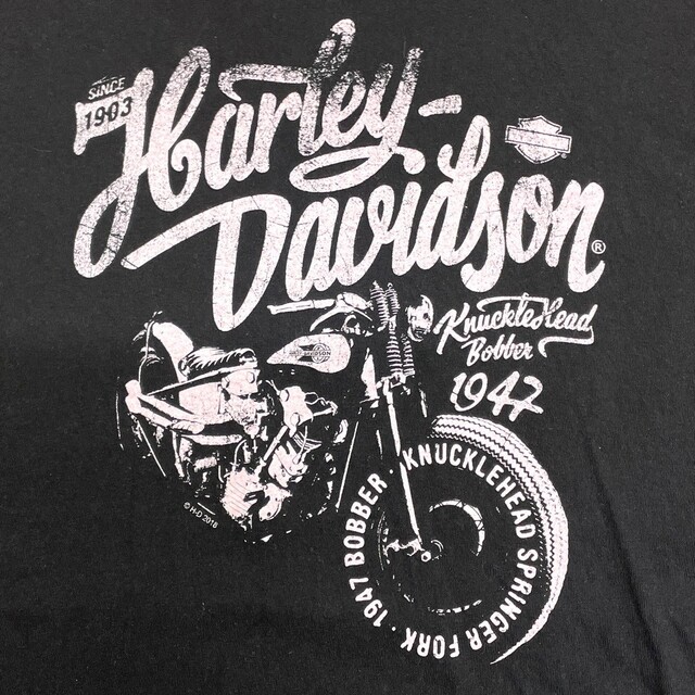 Hurley(ハーレー)の【中古】 ゆうパケット対応 ハーレーダビッドソン HARLEY-DAVIDSON Tシャツ 半袖 ロゴ 両面プリント サイズ：MEN'S L位 ブラック 古着 中古 mellow メンズのトップス(Tシャツ/カットソー(半袖/袖なし))の商品写真