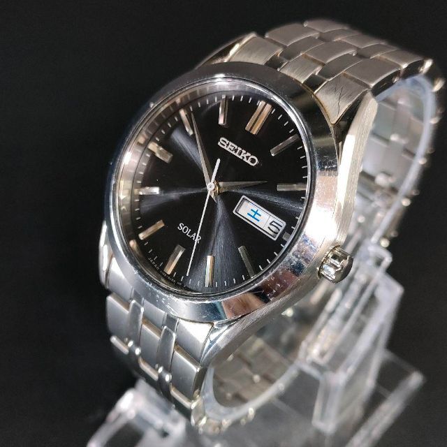美品【稼働品】SEIKOセイコー V158 ソーラー ブラック シルバー メンズ | フリマアプリ ラクマ