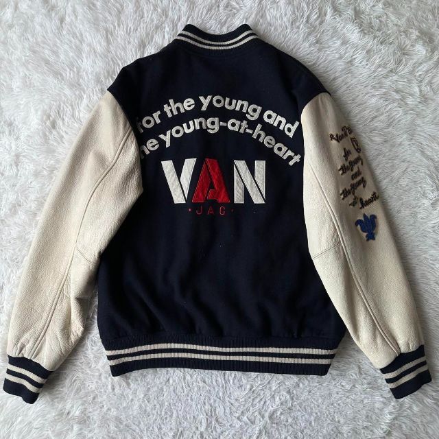 【激レア】VAN JACKET セミデコ スタジャン 紺×白 袖レザー LL