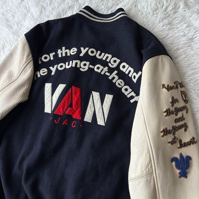 【激レア】VAN JACKET セミデコ スタジャン 紺×白 袖レザー LL