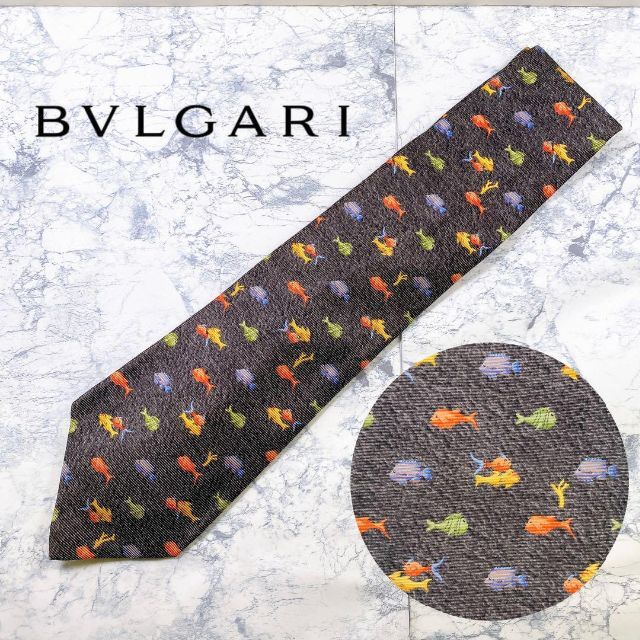 1518希少1回極美 BVLGARI ブルガリ ネクタイ シルク フィッシュ 魚