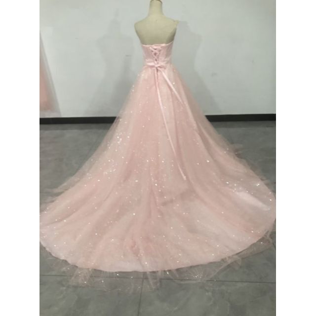 キラキラ光る刺繍 カラードレス ピンク ベアトップ ミニトレーン 二次会