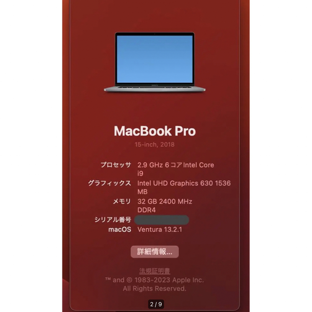 Mac (Apple)(マック)の〈rさん専用〉MacBook Pro 15インチ i9 2.9GHz 32GB  スマホ/家電/カメラのPC/タブレット(ノートPC)の商品写真