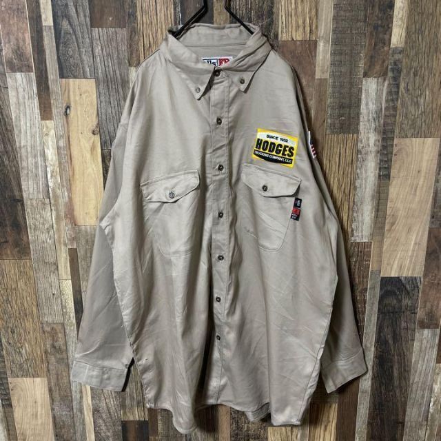 グレージュ メンズ ワーク XL ワッペン シャツ USA 90s 長袖 2