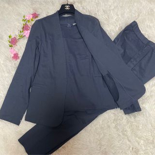 もストレス 3点セット ストレッチリネン セットアップ ネイビー
