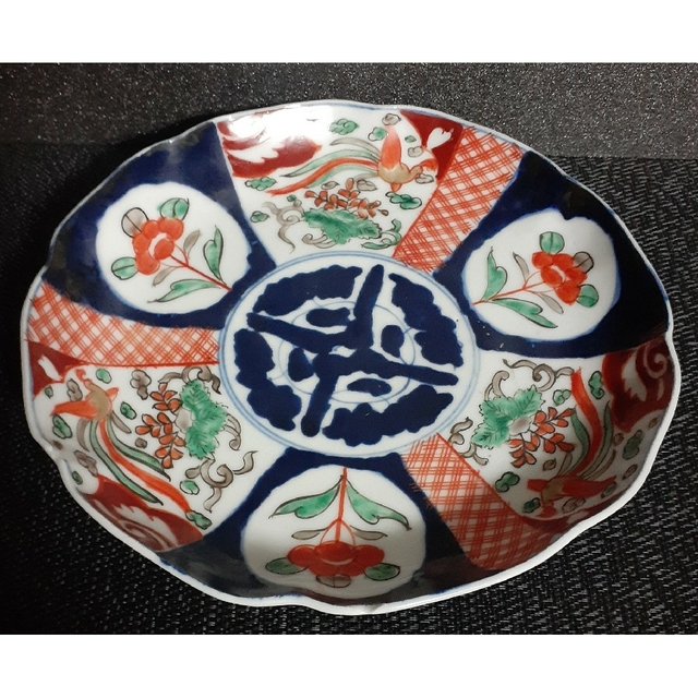 明治時代 古伊万里 錦手 金彩色絵 鳳凰に花の図 輪花縁 径21.5cm 七寸