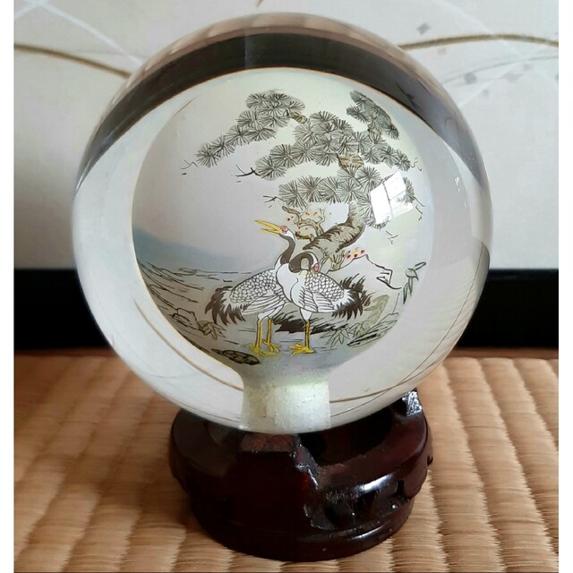 水晶玉 ガラス玉 七福神 鶴 亀 松 縁起物 風水 開運 招福 置物