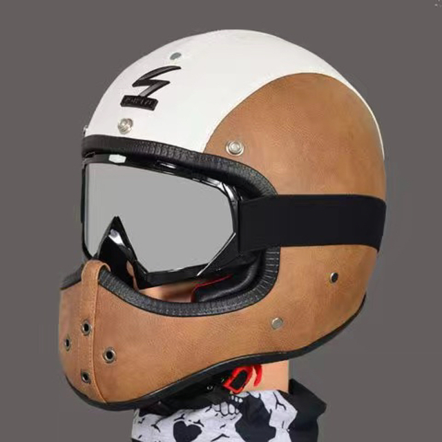 レザー調レトロハーレー フルフェイスヘルメット バイクヘルメットビンテージ 自動車/バイクのバイク(ヘルメット/シールド)の商品写真