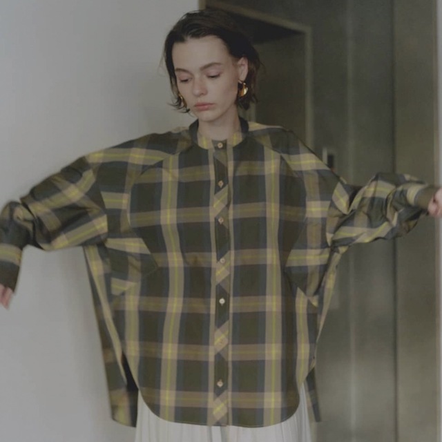 machattスタンドカラーオーバーサイズシャツチェックグリーンイエロー レディースのトップス(シャツ/ブラウス(長袖/七分))の商品写真