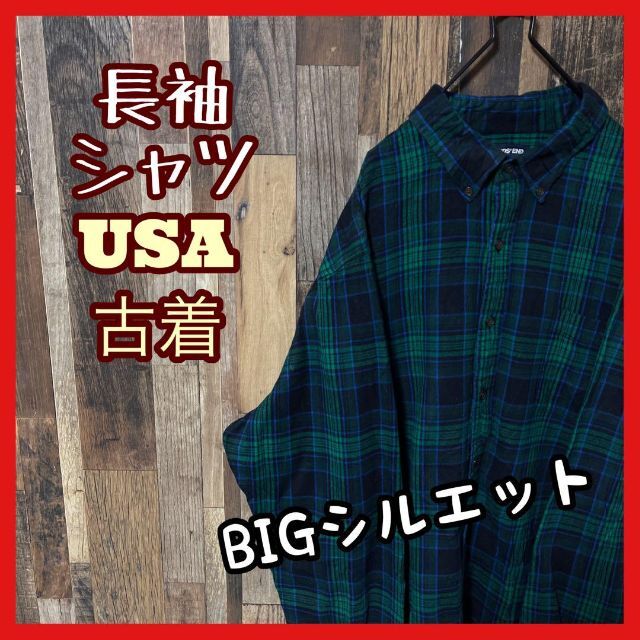 ボタンダウン チェック メンズ ネイビー 2XL シャツ  90s 長袖