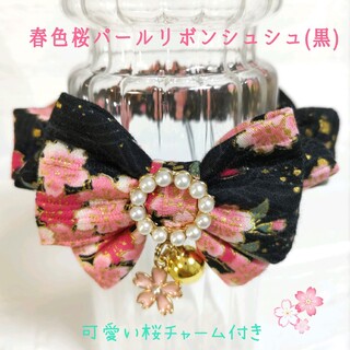猫用シュシュNO71春色桜パールリボンシュシュ(黒)(リード/首輪)