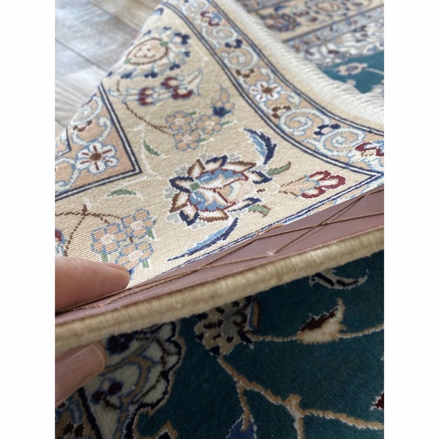 手織り高級ウール&シルクペルシャ絨毯/ナイン産美しいグリーン色/155X105