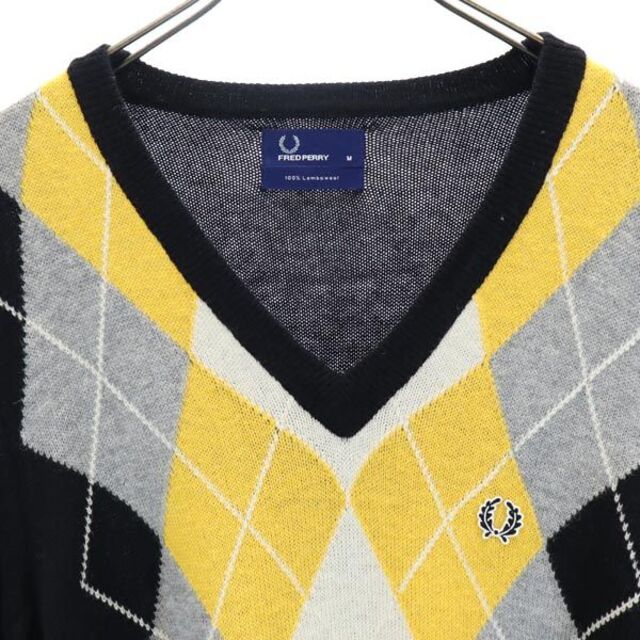 フレッドペリー アーガイル ウール100% ニット M 黒系 FRED PERRY 長袖 セーター ロゴ刺繍 メンズ 【中古】 【230315】