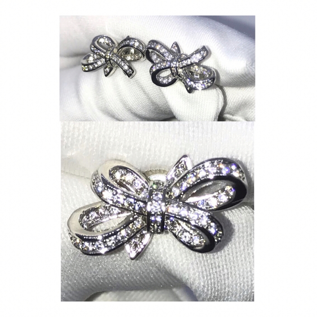 3A高級CZパヴェダイヤモンド.リボンピアス.プラチナコート | sashopping.com.br