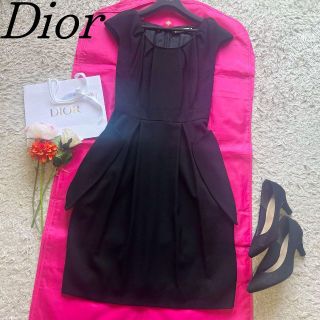 クリスチャンディオール(Christian Dior)の【美品】Christian Dior ロングワンピース ブラック 半袖 L(ひざ丈ワンピース)