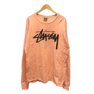 ステューシー(STUSSY)のステューシー STUSSY Tシャツ 長袖 ロゴプリント L サーモンピンク 黒(Tシャツ/カットソー(七分/長袖))