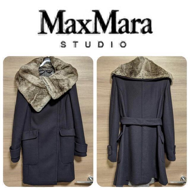 ジャケット/アウターMaxMara STUDIO ウール ナイロン ラビットファー コート.