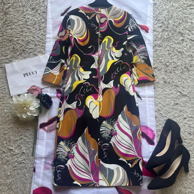 美品】EMILIO PUCCI プッチ柄ワンピース 総柄 ブラック 七分袖 高級品