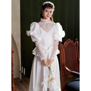  氣質 ウェディングドレス 結婚式 前撮り ヴィンテージ袖付きドレスF427(ウェディングドレス)