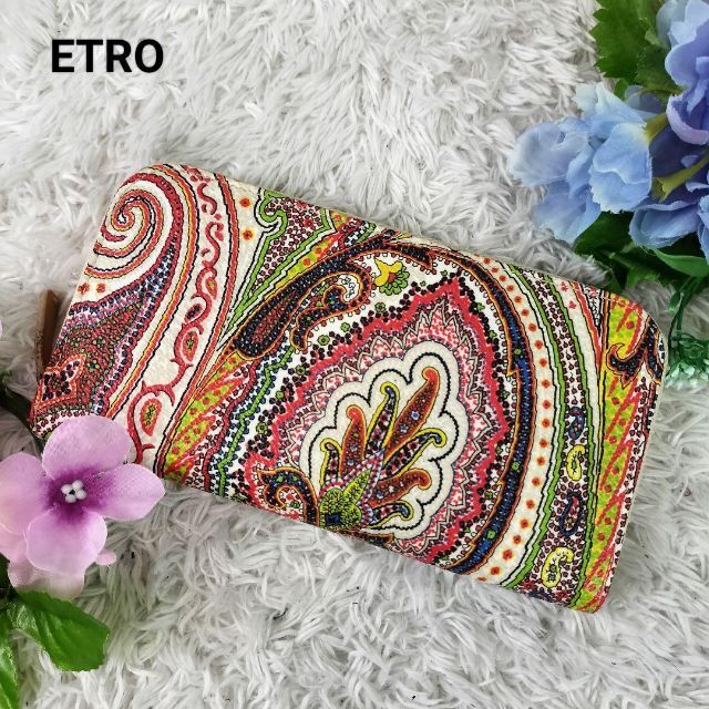 シルバー/レッド ETRO ポーチ 総柄 ペイズリー ロゴ型押し - 通販