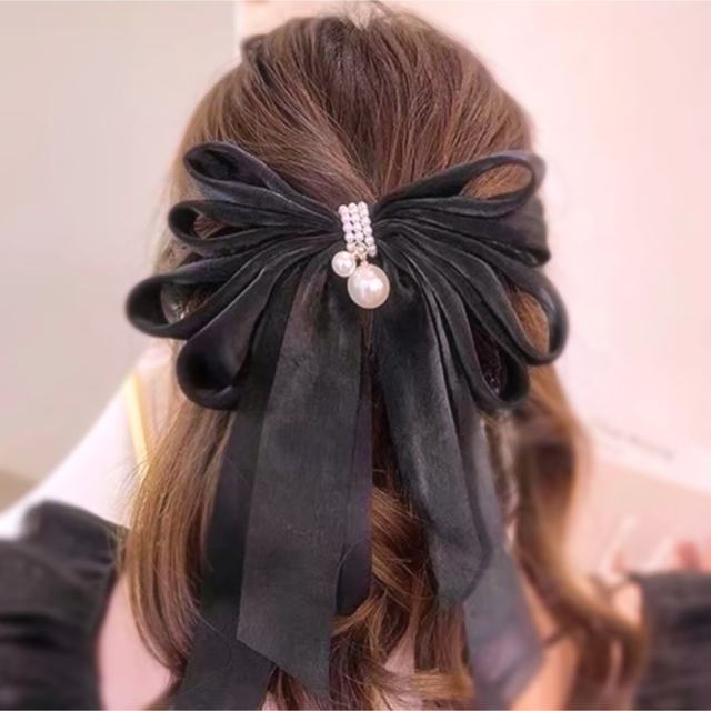 Swankiss(スワンキス)のリボンヘアバレッタクリップパールブラック レディースのヘアアクセサリー(バレッタ/ヘアクリップ)の商品写真