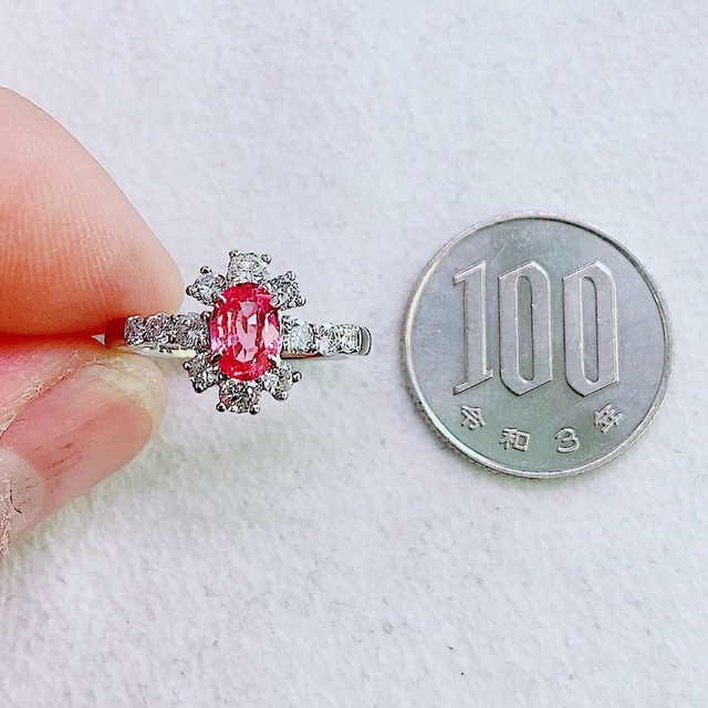 ★0.74ct★✨パパラチアサファイア0.80ctダイヤモンドプラチナリング指輪 レディースのアクセサリー(リング(指輪))の商品写真
