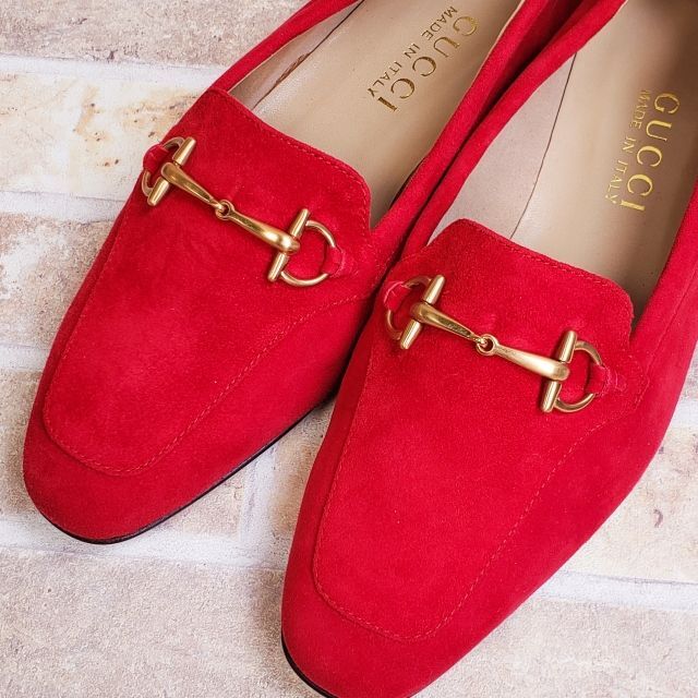 未使用 GUCCI グッチ ☆ スエードレザー ビットローファー 伊製 レッド