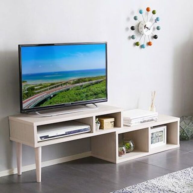 コンパクト伸縮テレビ台　32型対応　コーナーテレビボード　ホワイトオーク色