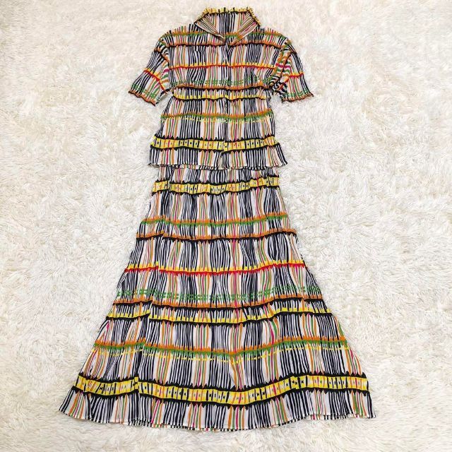 極美品 プリーツプリーズ セットアップ シャツ ロングスカート 総柄 ストライプ