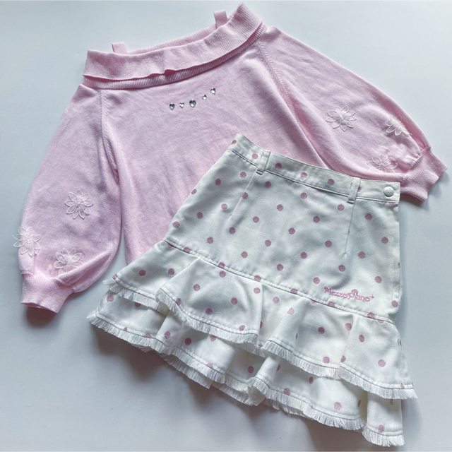 mezzo piano(メゾピアノ)の美品 春服セット メゾピアノ♡ドットスカート オフショルトップス ピンク♡140 キッズ/ベビー/マタニティのキッズ服女の子用(90cm~)(その他)の商品写真