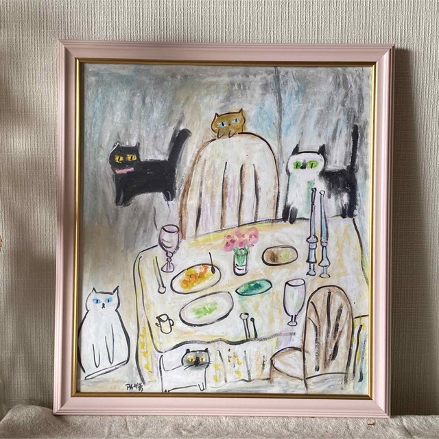 絵画 。壁掛け絵手描き【夕食の前、かわいい猫たち】-