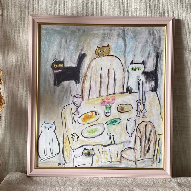 絵画 。壁掛け絵手描き【夕食の前、かわいい猫たち】 想像を超えての