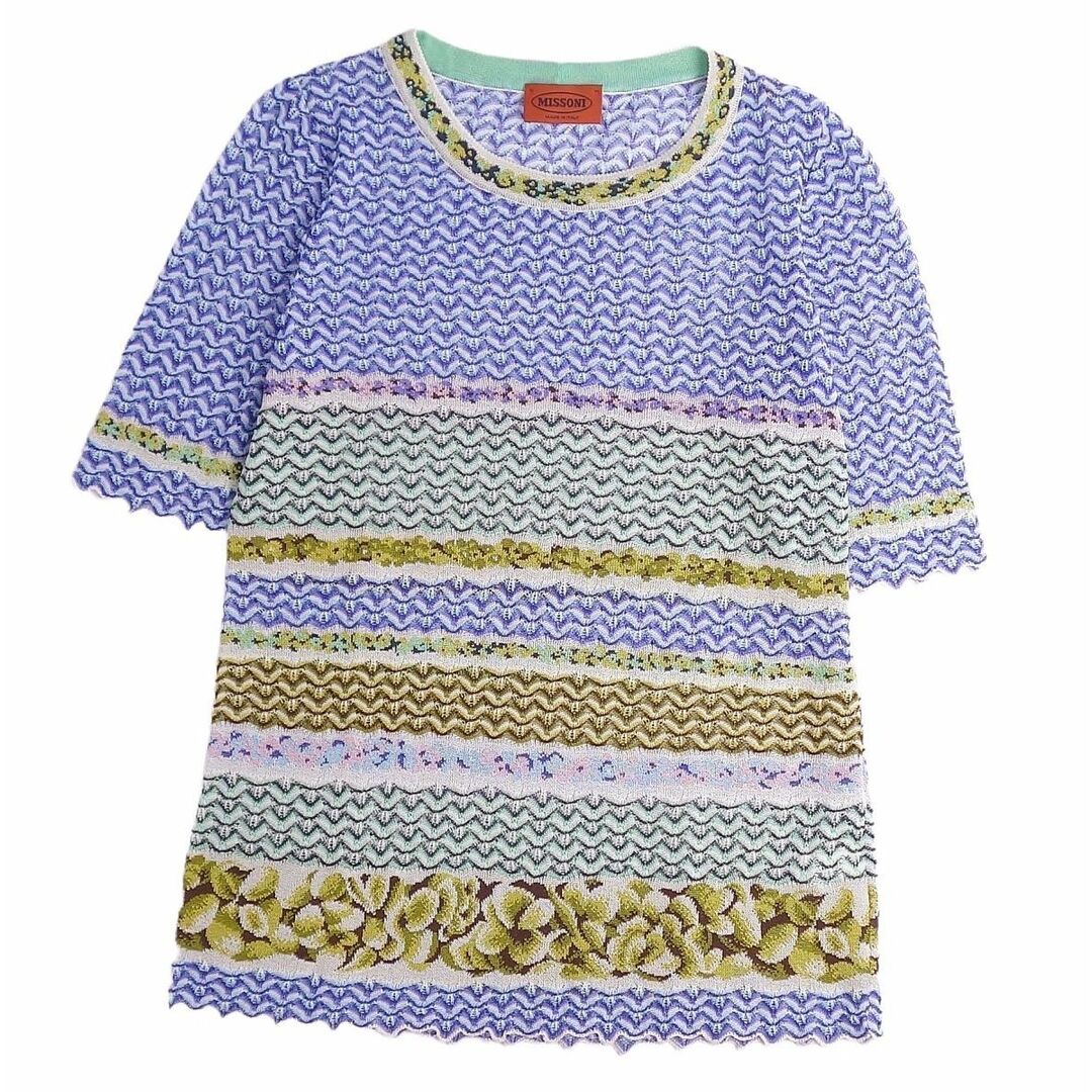 MISSONI(ミッソーニ)の美品 ミッソーニ MISSONI ニット セーター 半袖 ショートスリーブ 総柄 コットン トップス レディース 44(L相当) マルチカラー レディースのトップス(ニット/セーター)の商品写真