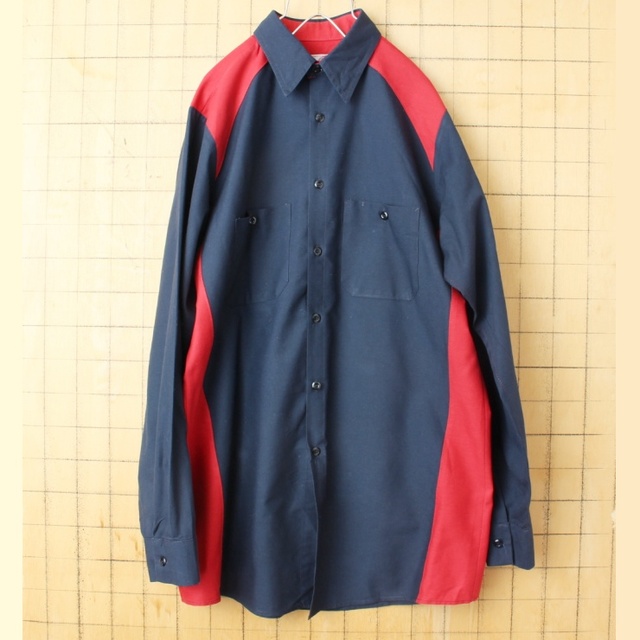 80s90s USA RED KAP ワークシャツ ネイビー レッドM ss49
