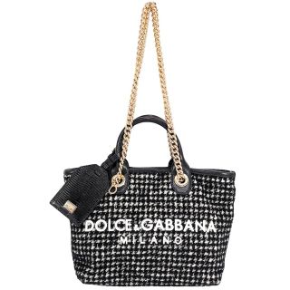 ドルチェアンドガッバーナ(DOLCE&GABBANA)のDOLCE&GABBANA ドルチェアンドガッバーナ トートバッグ CAPRI チェーンショルダー 千鳥格子 ロゴ刺繍 ドルガバ 秋 冬    ブラック 黒 ホワイト 白 ゴールド金具 レディース 美品【中古品】(ショルダーバッグ)