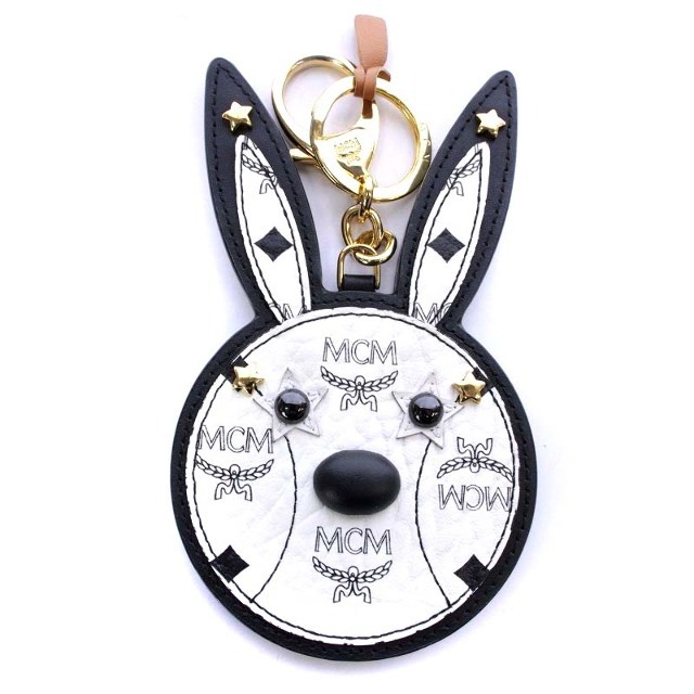 エムシーエム MCM ラビットミラー チャーム キーホルダー レザー 白-