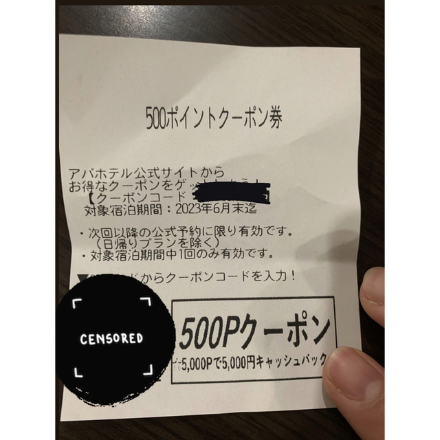 アパホテル500円ポイントクーポン チケットの優待券/割引券(宿泊券)の商品写真