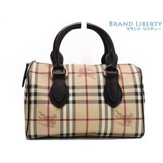 バーバリー(BURBERRY)の超美品 バーバリー ヘイマーケットチェック ミニボストンバッグ ハンドバッグ ベージュ ダークブラウン PVC レザー(ハンドバッグ)