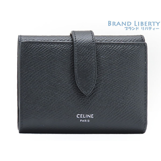 2cm仕様内側ほぼ新品 セリーヌ ファインストラップウォレット 三つ折り財布 コンパクト財布 ブラック グレインドカーフスキン 10H483BEL.38SI