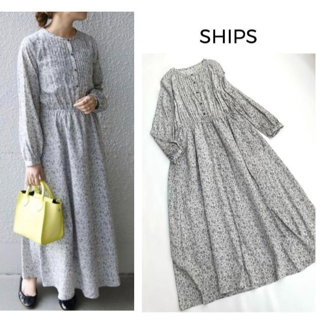 SHIPS(シップス)の美品♡シップス＊ラインフラワープリント バンドカラー ワンピース　ロング レディースのワンピース(ロングワンピース/マキシワンピース)の商品写真