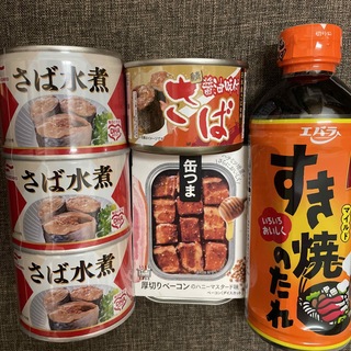 マルハニチロ(Maruha Nichiro)のさば水煮　さば醤油味付け　厚切りベーコン缶つま　すき焼きのタレ6点セット(缶詰/瓶詰)